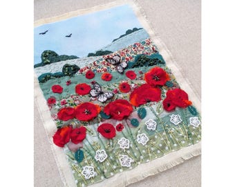 Poppy Field Slow Stitch Kit - Applique Art, Embroidery Project