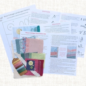 Shows instruction booklet with clear pictures and instructions and pattern to complete the kit, with fabrics and trims and threads you will receive.