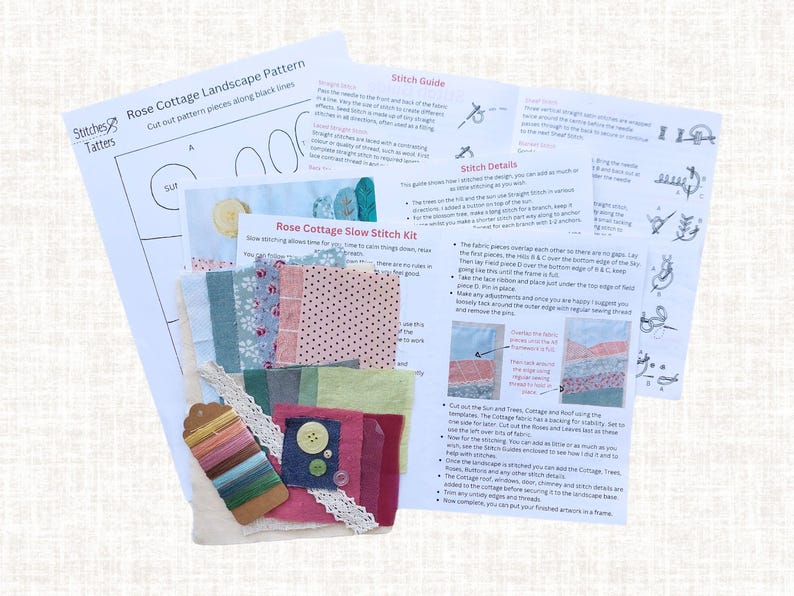 Shows instruction booklet with clear pictures and instructions and pattern to complete the kit, with fabrics and trims and threads you will receive.