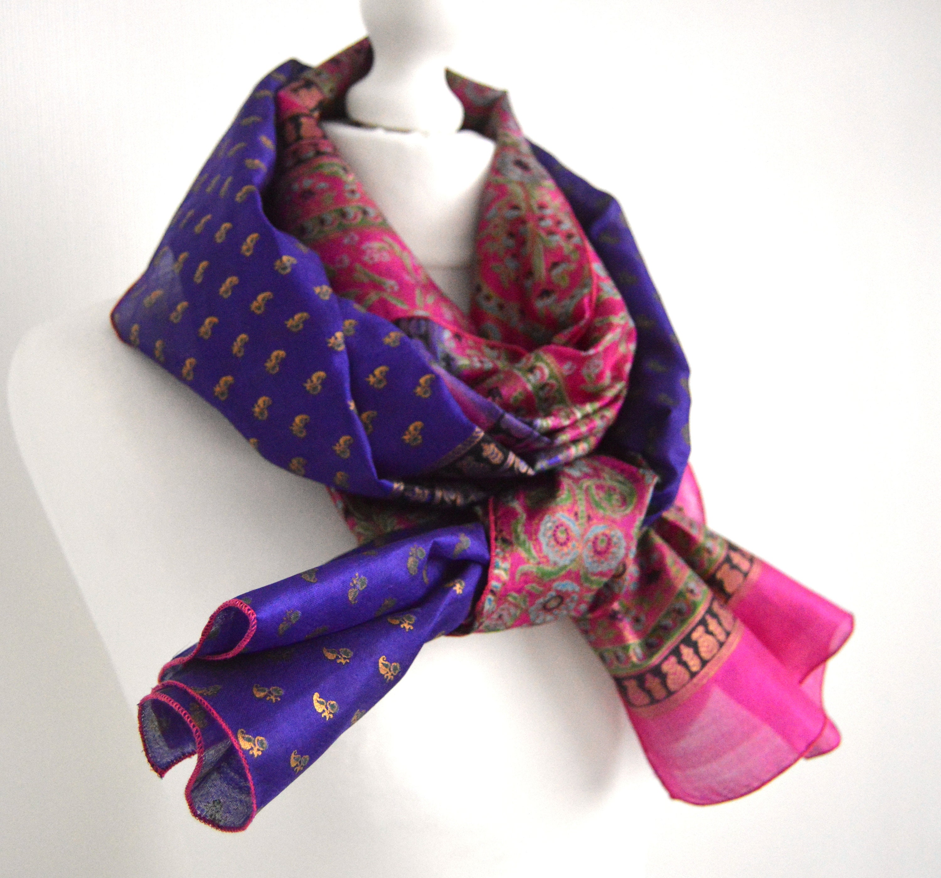 Cerise Purple Gold Upcycled Vintage Sari Silk Scarf