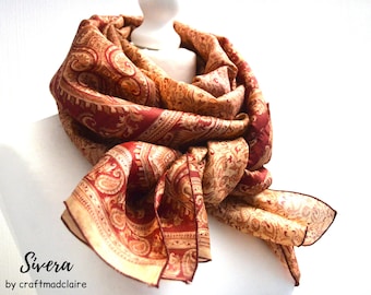 Caramel Red Floral Upcycled Vintage Sari Silk Scarf - Handmade Bohemian Wrap Scarves - Unique Bohemian Gift for Her - Ethical Zero Waste