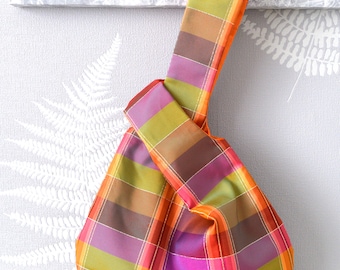 Handmade Taffeta Japanese Knot Bag - Unique Project Knitting Festival Grab Bag -  Eco Friendly Upcycled Womens Bag Purse