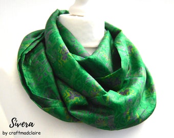 Green Bold Paisley Upcycled Vintage Sari Silk Scarf - Lightweight Handmade Bohemian Unisex Womens Scarf - Boho Chic Scarf Gift for Her Him