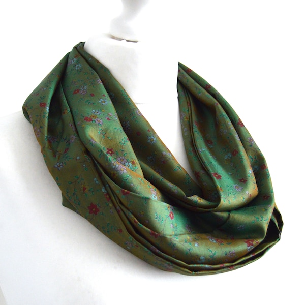 Olive Green Upcycled Vintage Sari Silk Infinity Scarf - Unique Bohemian Eco Friendly Womens Scarf - Unique Sister Aunt Teacher Gift For Her