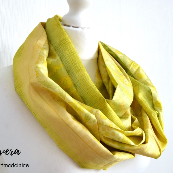 Yellow Lime Floral Upcycled Sari Silk Scarf - Bohemian Spring Summer Vintage Silk Womens Scarf - Unique Eco Fashion Mothers Day Gift