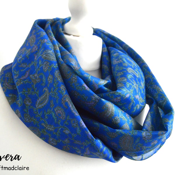 Grey Blue Floral Upcycled Vintage Sari Silk Infinity Scarf - Unique Nursing Cover Baby Shower Gift - Eco Friendly Best Friends Sister Gift