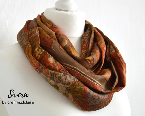 Terracotta Beige Upcycled Vintage Sari Silk Infinity Scarf Mothers Day Gift For Her Bohemian Eco Friendly Spring Summer Womens Scarf
