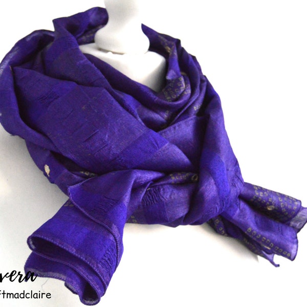 Purple Block Design Upcycled Vintage Sari Silk Scarf - Handmade Bohemian Wrap Scarves - Unique Bohemian Gift for Her - Ethical Zero Waste