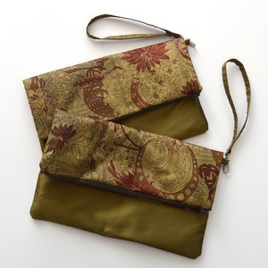 Olive Green Sari Silk Foldover Clutch Bag Purse - Eco Friendly Upcycled Sari Silk Purse - Sophisticated Bohemian Mothers Day Gift