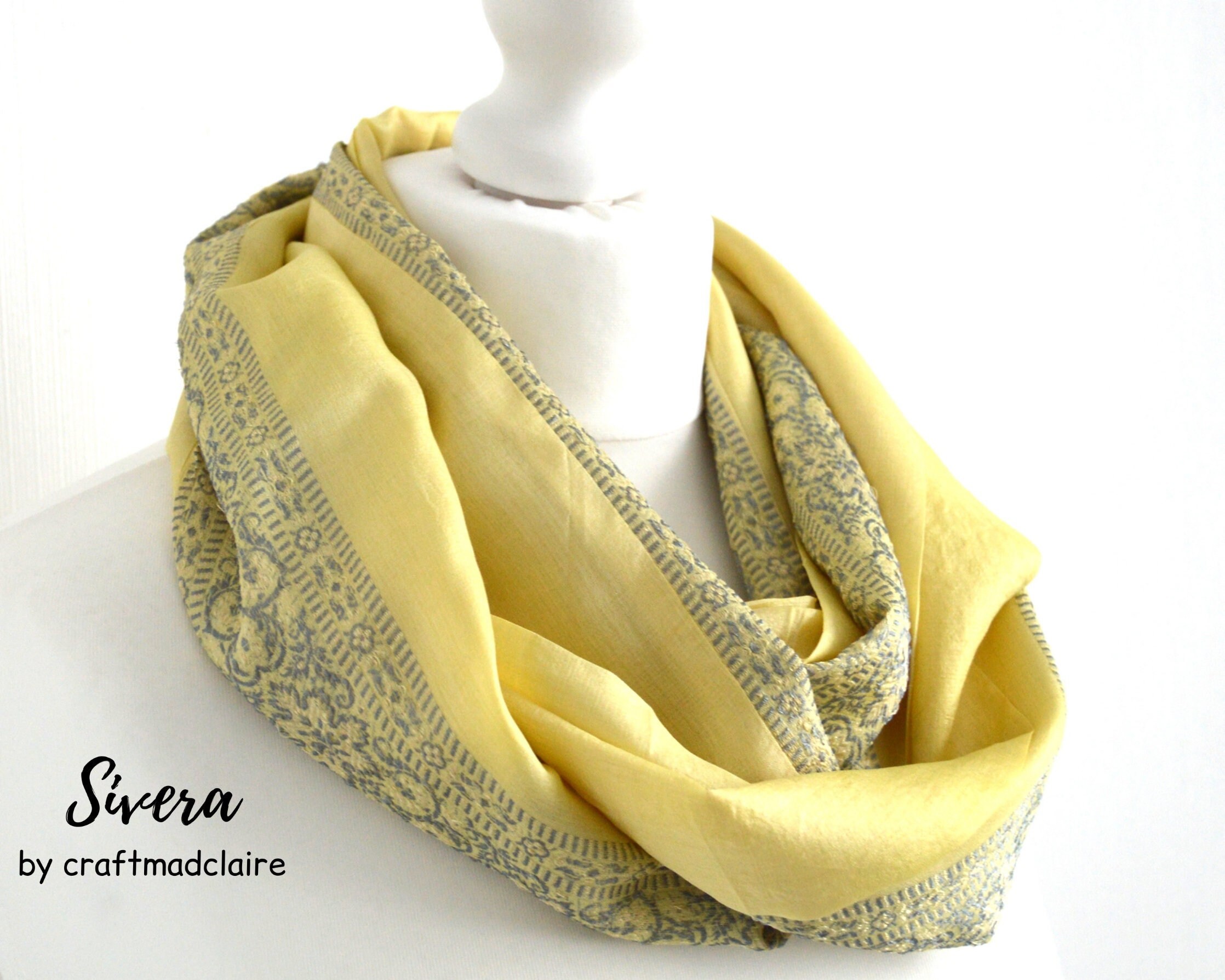 Pastel Yellow Grey Upcycled Vintage Sari Silk Scarf Eco Friendly