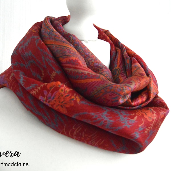 Red Paisley Floral Upcycled Sari Silk infinity Loop Scarf Sophisticated Boho - Nursing Cover Baby Shower Gift - Mothers Day Gift for Her