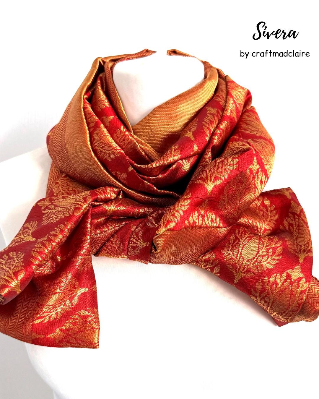 Bright Red Gold Floral Upcycled Sari Scarf
