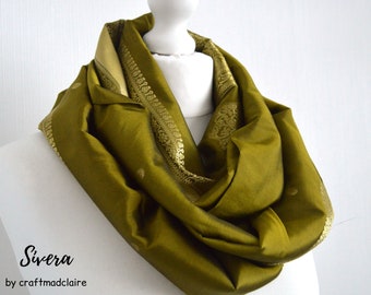 Olive Gold Upcycled Faux Silk Sari Scarf - Eco Friendly Zero Waste Autumn Winter Unisex Womens Scarf - Sophisticated Boho Christmas Gift