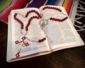 The Milagro Heart Rosary | Red Glass Milagro Heart Rosary | Our Lady of Guadalupe, Hand-Knotted Silk Cord