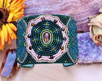 Bead Embroidered Opal and Czech Glass Cuff, Cuff Bracelet, Glass Beaded Bracelet, Seed Bead Jewelry, Statement Jewelry, Gemstone Cuff