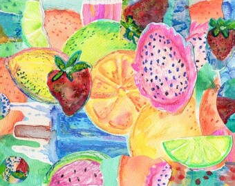 6x8 Original Fruit Collage, Original Art, Acrylic on Paper, Mixed Media Art on Paper, Upcycled Art, Fruit Painting