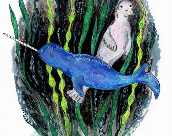 5x7 Narwhal and Seal Print, Giclee Art Print, Watercolor Pencil and Watercolor Pen, Watercolor Print, Ocean Art Print, Giclee Fine Art Print