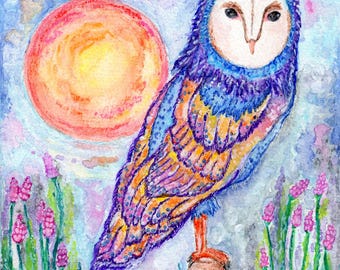 8x8 Colorful Barn Owl Print, Giclee Art Print, Watercolor Pencil, Owl Illustration, Watercolor Print, Giclee Fine Art Print
