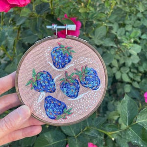 Strawberry Embroidery, Blue Strawberry Art, Hoop Art, Fruit Embroidery Art