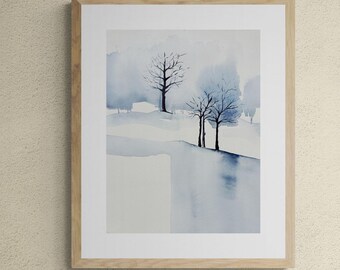 Minimalist Watercolor Painting: Original Winter Blue Landscape with Trees, (12x16 in)
