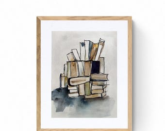 Historias apiladas: pintura original en acuarela de un libro, 30 x 40 cm, arte de pared literario, decoración para amantes de los libros