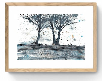 オリジナルの抽象風景画水彩画：ブルーグレーの壁アート - Etsy 日本