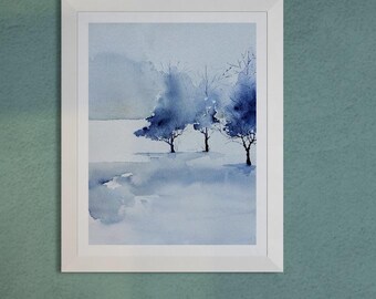 Minimalist Watercolor Painting: Original Winter Blue Landscape with Trees, (12x16 in)