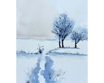 Original Watercolor Painting: “Winter Path” – Minimalist Snow Landscape Art (12x16 in)