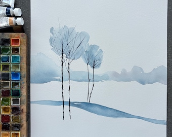 Minimalist Watercolor Painting: Original Winter Blue Landscape with Trees, (12x16 in)