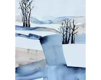 Original Watercolor Painting: “Winter Silence” – Minimalist Blue Landscape Art (12x16 in)
