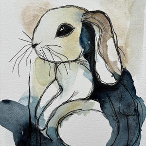 Easter Whispers – Original Bunny Watercolor, 7.9x7.9 inches, Abstract Rabbit Art, Whimsical Easter Painting