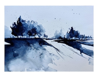 Original Blue Landscape Watercolor – Minimalist Winter Art (12x16 in)