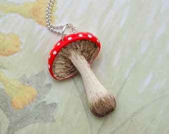 Toadstool pendant, fly agaric, amanita muscaria, red and white mushroom pendant, hand-painted, polymer clay, sterling silver, fungi necklace