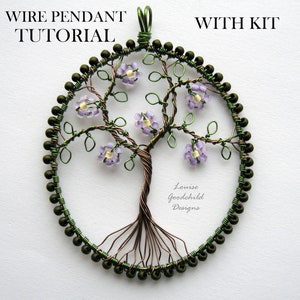 May include: A wire tree pendant with purple flowers and green leaves. The pendant is surrounded by dark brown beads. The pendant is a DIY project with a kit. The text "WIRE PENDANT TUTORIAL WITH KIT" is at the top of the image. The text "Louise Goodchild Designs" is at the bottom of the image.