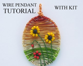 Wire wrap sunflower pendant tutorial AND kit, make your own, wire wrap tutorial, beading tutorial, wire pendant instructions, poppy, sunset