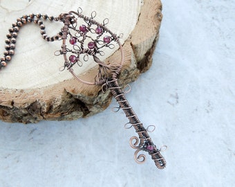 Copper key pendant, wire wrapped tree pendant, woodland key, secret garden key, garnet pendant, gemstone key pendant