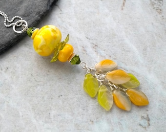 Sunshine yellow pendant, leaf pendant, spring necklace, summer necklace, sterling silver