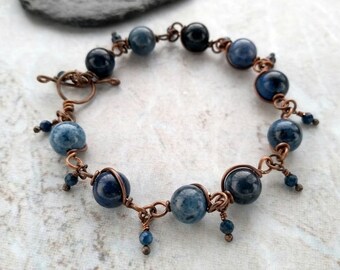 Denim blue gemstone bracelet, dumortierite and lapis lazuli bracelet, semi precious copper bracelet