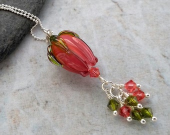 Rosebud pendant, sterling silver rose necklace, pink and green crystals, pink rosebud pendant, crystal waterfall necklace