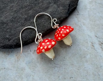 Mushroom earrings, amanita earrings, fly agaric earrings, red and white toadstool earrings, sterling silver