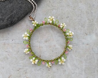 Apple Blossom wreath wirework pendant, sterling silver, wire wrapped pendant, spring necklace