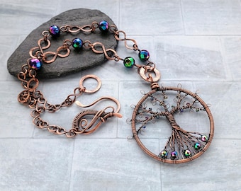 Hand Forged Copper Yggdrasil Necklace: Rainbow Hematite Tree of Life