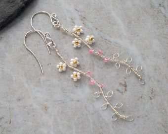 Sterling silver Apple Blossom wirework earrings, spring earrings, white flower earrings, wire wrapped earrings