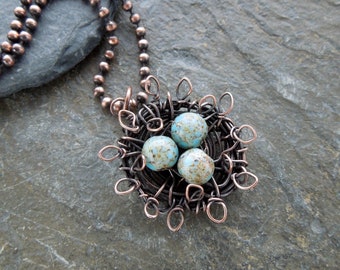 Birds nest pendant, bird nest necklace, nest with eggs, copper bird pendant, bird nest pendant, Easter gift