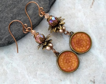 Peach and bronze shimmery flower earrings, floral earrings, bronze earrings, antique gold