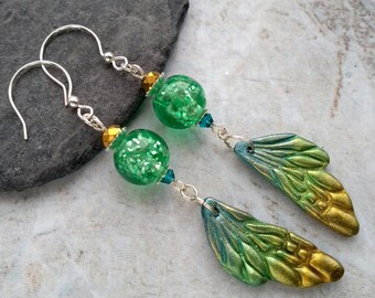 Butterfly wing earrings, fairy wing earrings, green sparkle earrings, wing earrings, silver earrings, green and gold