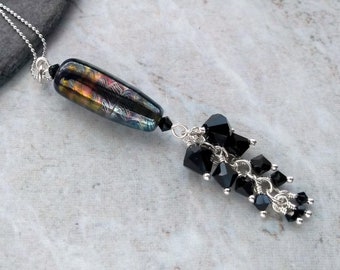 Oil on Water pendant, iridescent black pendant, waterfall necklace, black crystal pendant, sterling silver