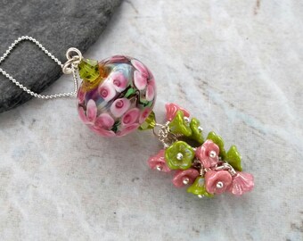 Blossom lampwork pendant, pink and green flower necklace, sterling silver, cherry blossom