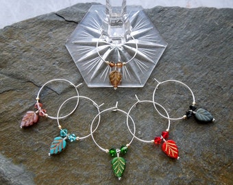 Rainbow leaf wine glass charms, coloured wine charms, silver plated glass charms, stocking filler, drink gift