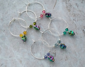 Iridescent rainbow skull wine glass charms, drink markers, wine charms